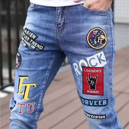 Slim Fit Korean Streetwear Graphical Printed Luxury Hip-Hop Stretch Denim Jeans for Men - Perfect Medium Wash Jeans Outfit